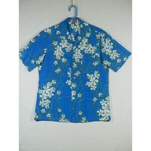 VTG 60s Edna Oliver Hawaiian Aloha Short Sleeve Shirt Floral Blue White Sz M